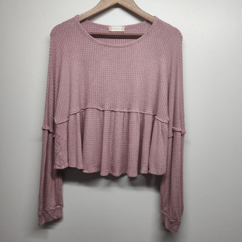 Altar'd State Crop Top Women Size S Pink Waffle Knit Long Sleeve Ruffle